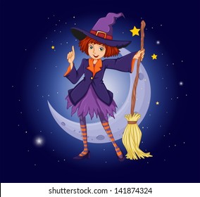 Illustration of a witch holding a broom with a moon and stars at the back