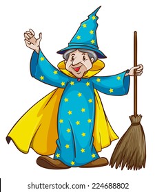 Illustration of a witch holding a broom on a white background 