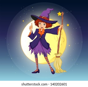 Illustration of a witch holding a broom standing at the center of a moon