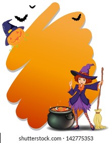 Illustration of a witch holding a broomstick beside her magical pot on a white background