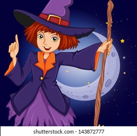 Illustration of a witch holding a stick in front of the crescent moon