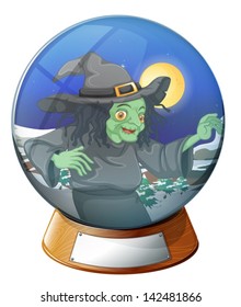 Illustration of a witch inside the crystal ball on a white background