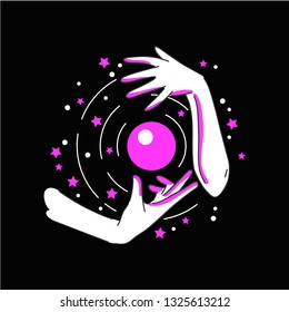 Illustration of a witch and a magic ball