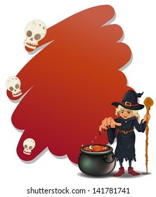 Illustration of a witch with a magical pot and a cane on a white background