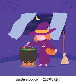 an illustration of a witch making a potion using candy from a pumpkin container in her house, under the moonlight on a halloween night, nearby is a witch's magic broomstick