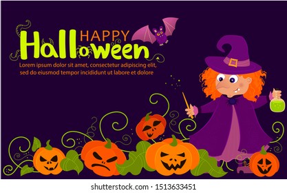 Illustration of witch making pumpkins grow bigger with spell and potion. Witch in pumpkin growth at midnight. Happy Halloween illustration with lettering and place for text.