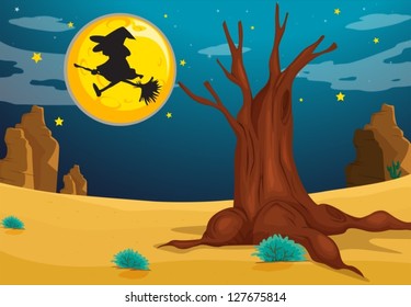 Illustration of a witch in the middle of the night