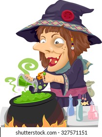 Illustration of a Witch Mixing Potions in a Cauldron