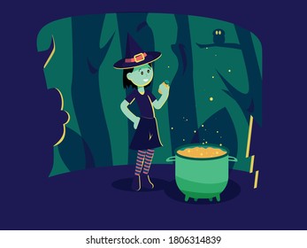 illustration of witch in night wood