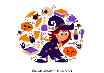 Illustration of a witch and objects for witchcraft situated in the circle. Witchcraft circle desing isolated on a white backgrounde