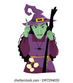 Illustration of a witch, a witch on Halloween with a warning gesture. Illustration for informational banners and layouts, for printing and the Internet. Clipart.