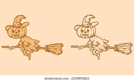 illustration of a witch with a pumpkin head flying on a broom