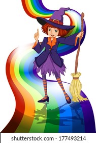 Illustration of a witch at the rainbow on a white background