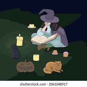 Illustration of a witch reading a book surrounded by candles and cats, vector