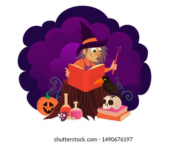 Illustration of witch reading a spell book in the middle of the night with raven, pumpkin, skull. Old witch makes a spell.
