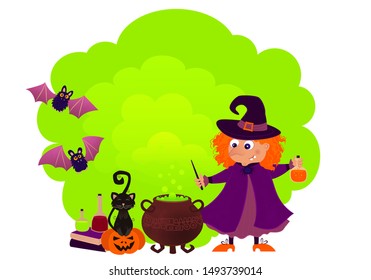 Illustration of a witch with red hair cooking potion . Witch makind spell with black cat, bats, against green smoke.