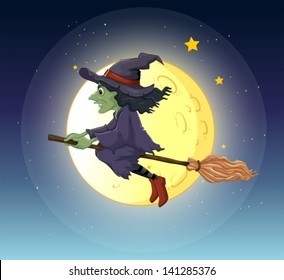 Illustration of a witch riding with her broomstick