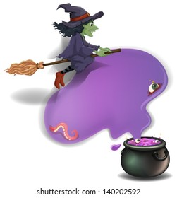 Illustration of a witch riding on a broom with a pot on a white background