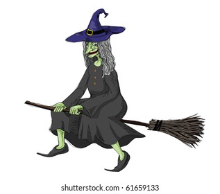 Cartoon Witch Flying On Broomstick Stock Vector (Royalty Free) 55349395 ...