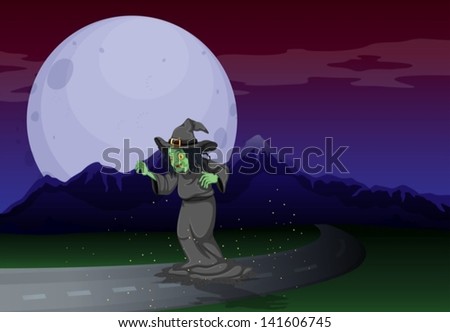 Illustration of a witch at the road in the middle of the night