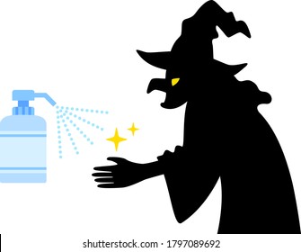 Illustration of a witch sanitizing her hand