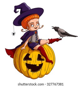 Illustration of witch sitting on a pumpkin.