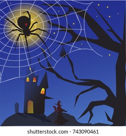 Illustration of a witch with a spider on Halloween