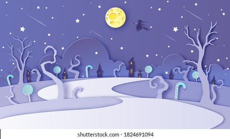 Illustration of witch village scenery on Halloween night. Halloween night landscape. Paper cut and craft style. vector, illustration.