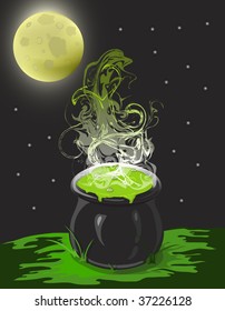 Illustration of a witch'e cauldron on a moonlit night