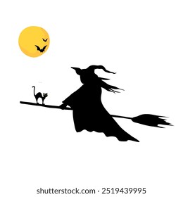 Illustration of witches and cats flying against the backdrop of the Halloween moon