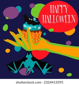 Illustration of a witch's hand, cupcake, bats on an abstract bright background with the inscription Happy Halloween for a party invitation card, poster. Day of the dead banner. Printing in bright