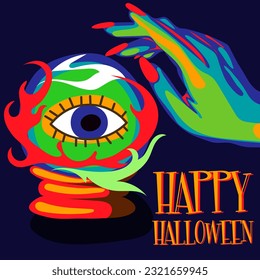 Illustration of a witch's hands with a magic ball, a prediction of the future and the inscription Happy Halloween for an invitation card to a party, a poster. The Day of the Dead banner. Printing