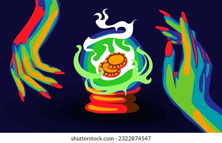 Illustration of a witch's hands with a magic ball, fortune prediction and Happy Halloween inscription for a party invitation card, poster. The Day of the Dead banner. Printing in bright colors