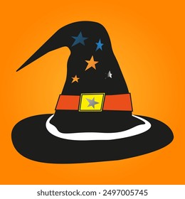 Illustration of a witchs hat decorated with stars, perfect for Halloween-themed designs, decorations, and party invitations.