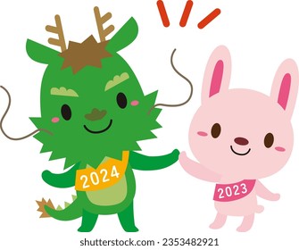 Illustration without Borders of characters high-fiving each other as they change from the year 2023 Rabbit to the year 2024 Dragon  svg