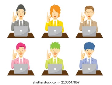 Illustration without main lines of business people with various hairstyles posing in front of a laptop computer.