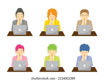 Illustration without main lines of a scene of business people with various hairstyles operating a laptop computer.