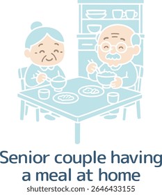 Uma ilustração sem as principais falas de um casal de idosos comendo uma refeição com arroz como alimento básico