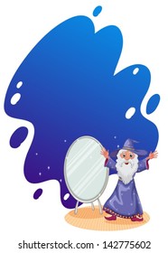 Illustration of a wizard beside the mirror on a white background
