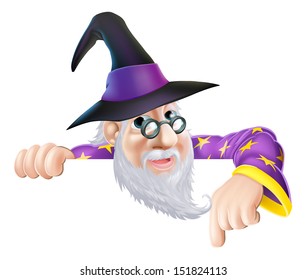 An illustration of a wizard cartoon character peeking over a sign or banner and pointing down