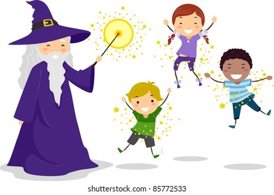 Illustration of a Wizard Casting a Spell on Kids