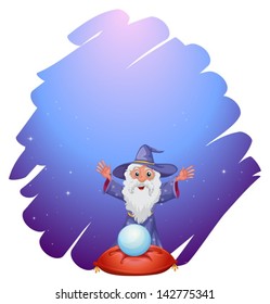 Illustration of a wizard with a crystal ball above a pillow on a white background
