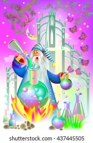Illustration of wizard doing alchemy, vector cartoon image.