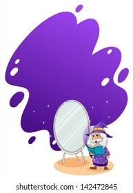Illustration of a wizard doing a spell in front of the mirror on a white background