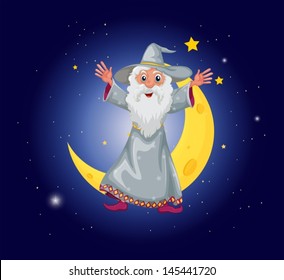 Illustration of a wizard floating near the moon