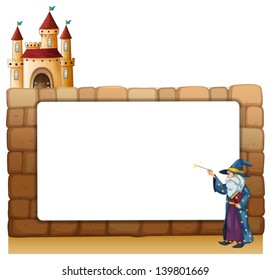 Illustration Of A Wizard In Front Of An Empty White Signage With A Castle On A White Background