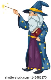 Illustration of a wizard holding a magic wand and a book on a white background