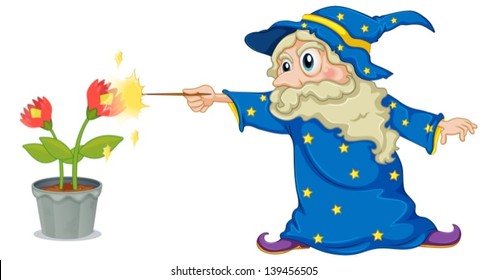 Illustration of a wizard holding a wand pointing at the flowers on a white background