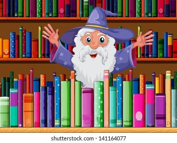 Illustration of a wizard inside the library
