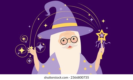 Illustration of a wizard with magic wand and hat on purple background